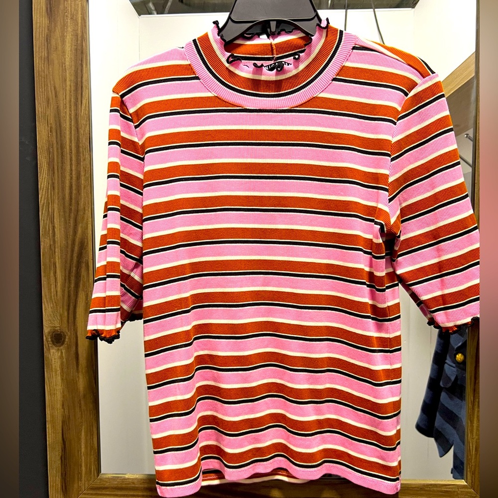 Veronica Beard ribbed Pima cotton Striped Pink, black and Brown Top. Size Medium